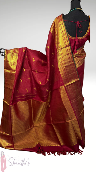 Handloom maroon Kanjivaram pure silk saree with fine weave and gold zari