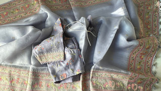 lavender organza saree silver border stitched blouse pellikuthuru function