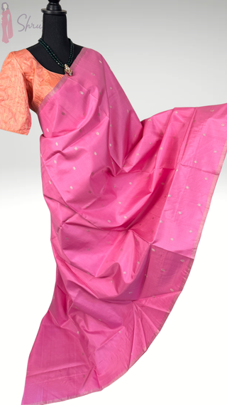 Handloom pastel pink Kanjivaram silk saree with pure zari and stitched blouse