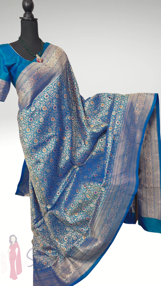 Handloom peacock blue Banarasi silk saree with fine zari weaving