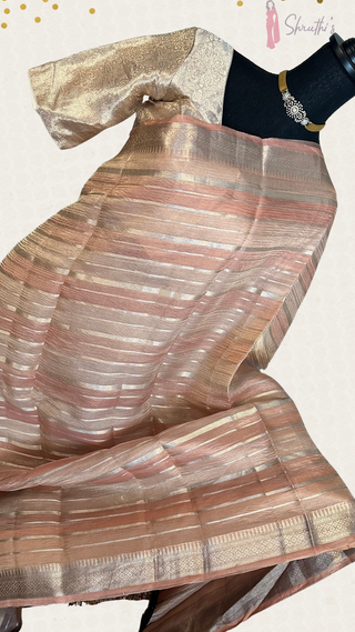 Traditional handwoven Banarasi tissue silk saree in pink with ready-to-wear stitched blouse.