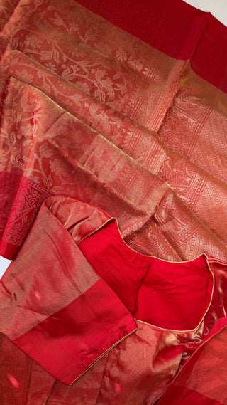 Pure red antique tissue handloom soft silk saree with dark green hand embroidered stitched blouse for muhurtam kalyana pattu USA.