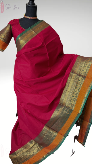 red kanchi cotton saree handloom zari border stitched blouse soft drape partywear saree