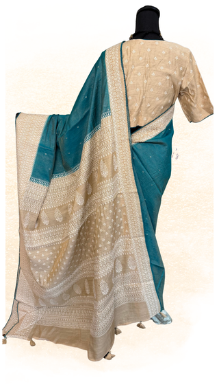 Pure handloom Tussar silk saree peacock green gold body with embroidered border and prestitched blouse