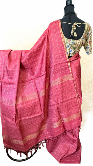 Elegant handloom tussar silk saree in pink with zari border and jute pallu