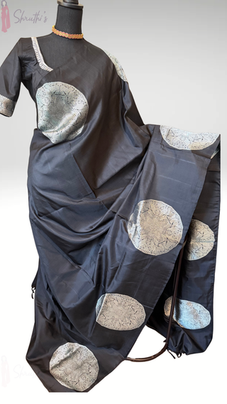 black kanjivaram pattu saree silver zari handloom stitched blouse festive wear