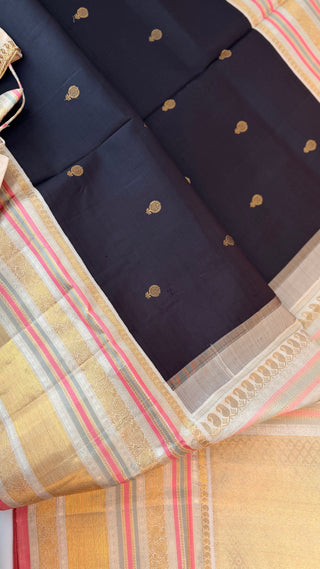 Traditional handloom black Kanjivaram silk saree with pure zari work