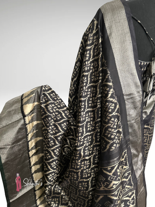 Elegant black Ikat Patola silk saree with silver zari border and matching prestitched blouse USA shopping