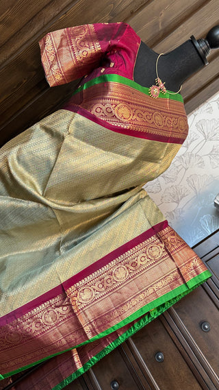 Olive green to maroon Gadwal silk saree with stitched blouse ready to wear