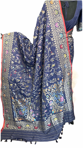 Jamdhani weaving pure cotton saree in dark blue online