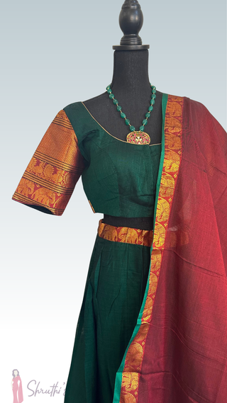 Traditional handloom Mangalagiri cotton lehenga with matching dupatta, double-lined skirt and blouse, ideal for Indian weddings and special occasions.