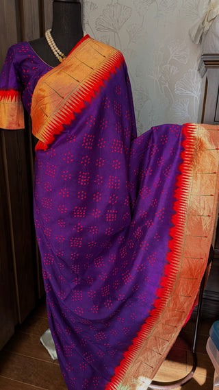 Handloom purple bandhani paithani silk saree with traditional tear drop motifs