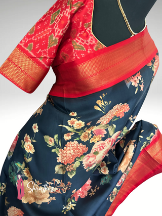 Black pure Kanjivaram silk saree with unique printed detailing.