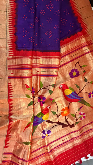 Handloom purple bandhani paithani silk saree showcasing heritage weaving