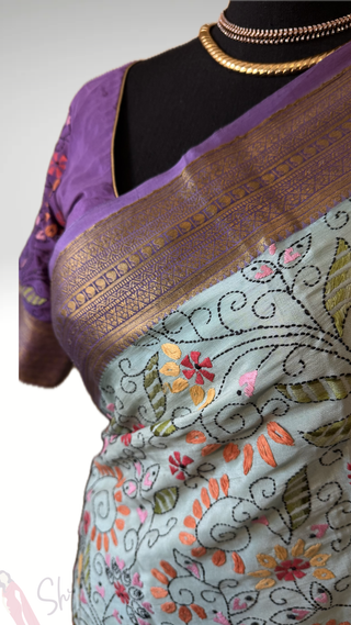 High GSM Pure Crepe Mysore Silk Saree with designer embroidered blouse and pure zari, perfect for brides and wedding ceremonies.