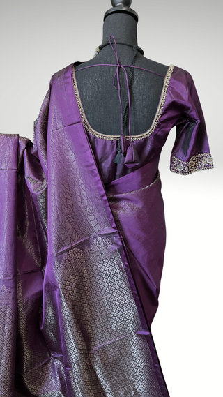 Pure Soft Silk Saree Purple brocade silk saree with embroidered  Stitched Blouse Indian Saree Online USA Ready to Ship Saree Online USA Easy Drape