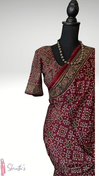 Maroon Pure Gajji silk saree ajarakh prints bandini Gajji silk with blouse with Jewel Borders