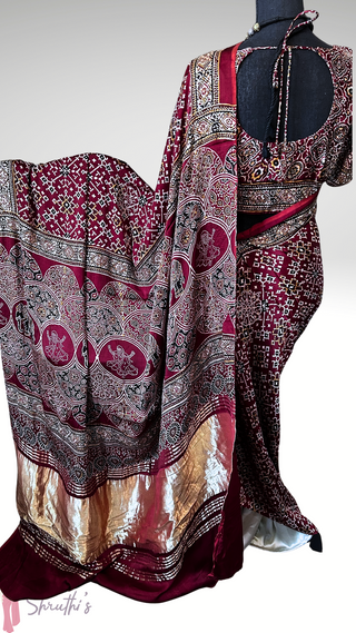 Maroon Pure Gajji silk saree ajarakh prints bandini Gajji silk with blouse with Jewel Borders
