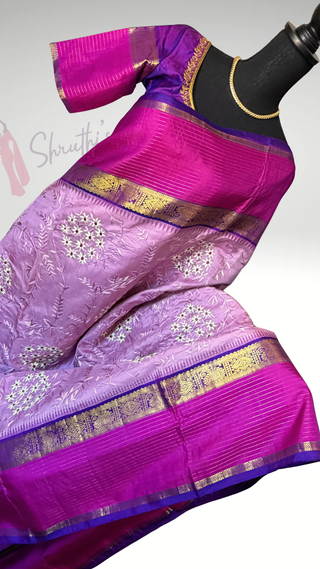 Pure hand embroidered Parsi embroidery  Kanjivaram pastel Embroidered Silk Saree pure silk saree silk finish with stitched blouse Partywear pooja wear ready to ship Saree USA