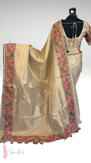 Pure Gold Tissue beneras soft organza silk saree cut work embroidery borders with blouse online shopping usa