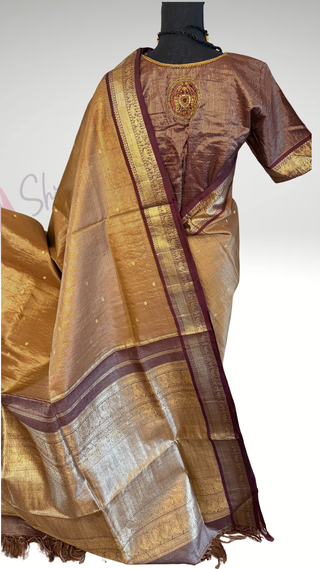 Bridal Vairaoosi Tissue Gold brown kanjivaram silk saree with stitched Indian wedding muhurtam silk bridal blouse online shopping usa Diwali