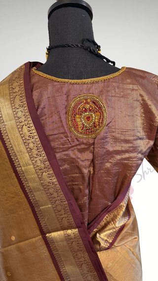 Bridal Vairaoosi Tissue Gold brown kanjivaram silk saree with stitched Indian wedding muhurtam silk bridal blouse online shopping usa Diwali