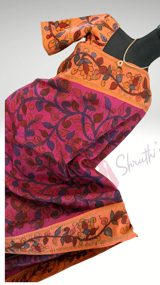 Pen kalamkari silk saree with silk borders and pallu with embroidered blouse online shopping usa pure fusion silk saree usa