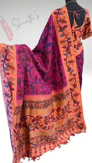 Pen kalamkari silk saree with silk borders and pallu with embroidered blouse online shopping usa pure fusion silk saree usa