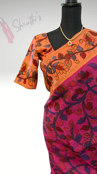 Pen kalamkari silk saree with silk borders and pallu with embroidered blouse online shopping usa pure fusion silk saree usa