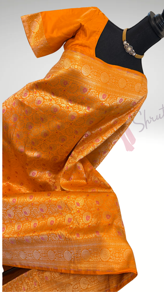 Orange Pure katan Benerasi silk saree with stitched  blouse online shopping usa