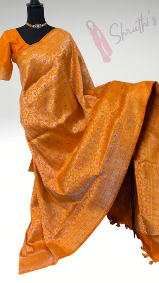 Orange Pure katan Benerasi silk saree with stitched  blouse online shopping usa