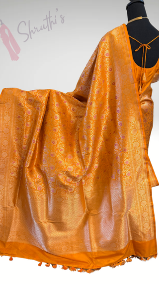 Orange Pure katan Benerasi silk saree with stitched  blouse online shopping usa