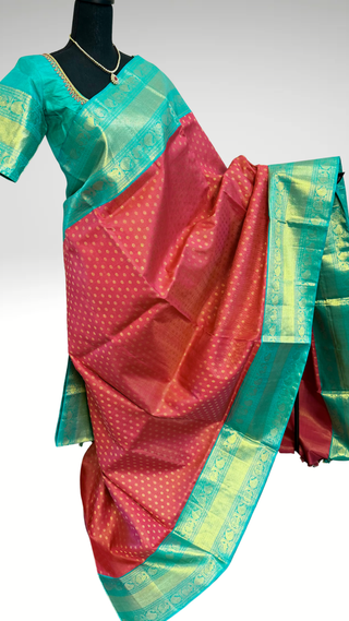 Bridal Vairaoosi butta Pink Teal Green kanjivaram silk saree with stitched Indian wedding muhurtam silk bridal blouse online shopping usa Diwali