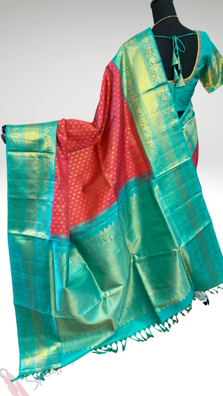 Bridal Vairaoosi butta Pink Teal Green kanjivaram silk saree with stitched Indian wedding muhurtam silk bridal blouse online shopping usa Diwali
