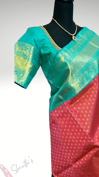 Bridal Vairaoosi butta Pink Teal Green kanjivaram silk saree with stitched Indian wedding muhurtam silk bridal blouse online shopping usa Diwali