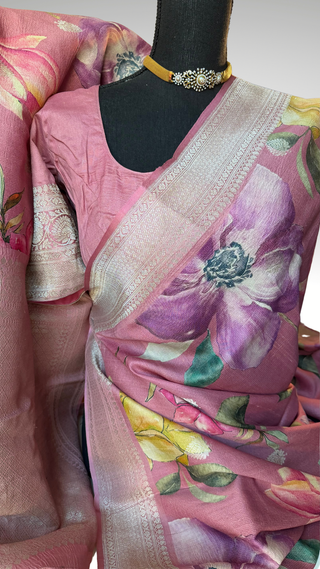 Lotus Pink Tussar Beneras Floral printed Katan saree with prestitched blouse