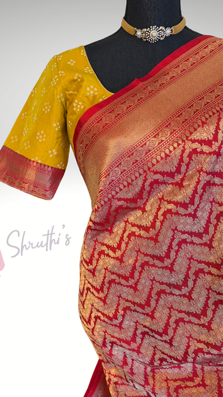 Red Benerasi Handloom silk saree Katan silk saree bandhej pallu Partywear Diwali online shopping with prestitched blouse