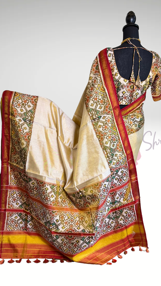 Pure Patola Silk Tissue Saree cream ikat blouse stitched blouse Partywear pooja wear ready to ship Saree USA altered to fit