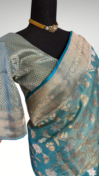 Banaras Pure Kora Tissue Silk Saree iwith silver Zari Border – Ready to Wear Online USA