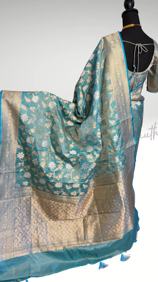 Banaras Pure Kora Tissue Silk Saree iwith silver Zari Border – Ready to Wear Online USA