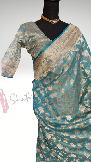 Banaras Pure Kora Tissue Silk Saree iwith silver Zari Border – Ready to Wear Online USA