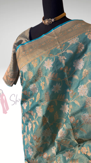 Banaras Pure Kora Tissue Silk Saree iwith silver Zari Border – Ready to Wear Online USA