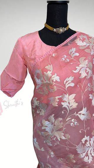 Pastel Pink Organza Silk Saree with Silver Floral Embroidery – Lightweight Party Wear Saree Online USA, Ready to Wear with Matching Blouse