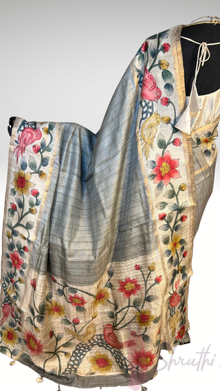 Handwoven Tussar hand painted pichwai one of kind tussar silk saree  online and stitched  blouse