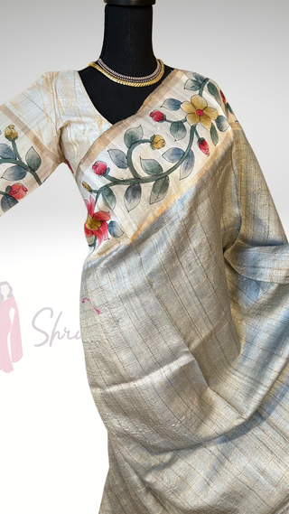 Handwoven Tussar hand painted pichwai one of kind tussar silk saree  online and stitched  blouse