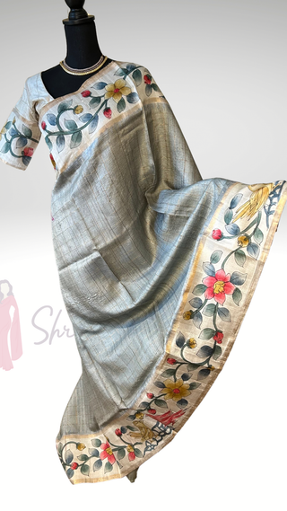 Handwoven Tussar hand painted pichwai one of kind tussar silk saree  online and stitched  blouse