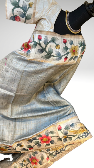 Handwoven Tussar hand painted pichwai one of kind tussar silk saree  online and stitched  blouse