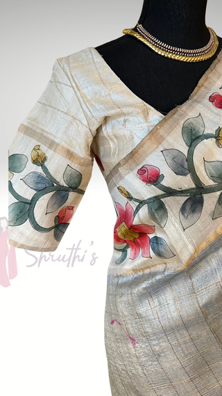 Handwoven Tussar hand painted pichwai one of kind tussar silk saree  online and stitched  blouse