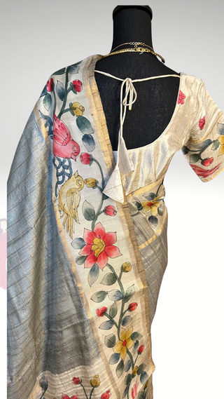 Handwoven Tussar hand painted pichwai one of kind tussar silk saree  online and stitched  blouse