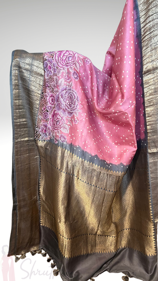 Pure Bandhej Kanjivaram pastel pink Embroidered Silk Saree pure silk saree silk finish with stitched blouse Partywear pooja wear ready to ship Saree USA